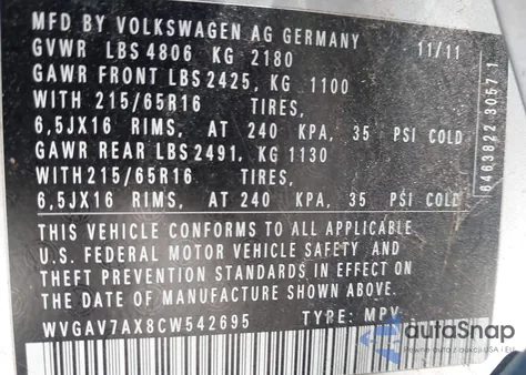 2012 Volkswagen Tiguan Le из США, поврежденный, VIN WVGAV7AX8CW542695